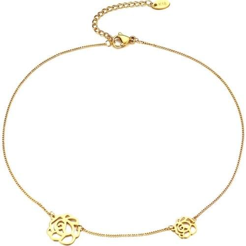 Stainless Steel Rose Flower Chain Choker Necklace for Women Girls Female Link Necklace Charm Valentines Day Gifts