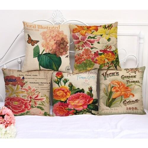 Decorative Pillow Cushion Case English Letter Flower Pillowcase 17.5 Inch Cotton Linen Chair Seat Throw Pillow Cover P1081