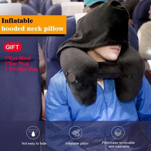 Travel Pillow With Hood,Car H-Shape Inflatable Pillow Neck Rest Support Cushion Nap Pillow With Velvet Hat Eye Mask Earplug