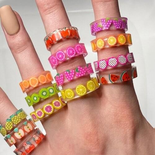 2021 Summer Korean Colorful Resin Fruit Ring For Women Girls Fashion Transparent Acrylic Rings Party Wedding Finger Jewelry