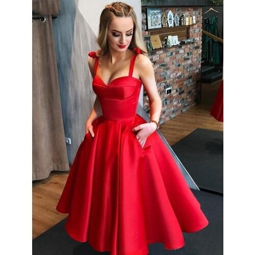 Short Tea-Length Red Evening Dresses With Pockets Bow Straps A Line Prom Party Gowns Special Occasion Wear For Women Girls