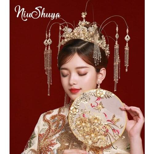 NiuShuya Chinese Traditional Bridal Bride Gold Phoenix Long Tassels Pearl Tiaras Headpiece Earrings Wedding Hair Accessories