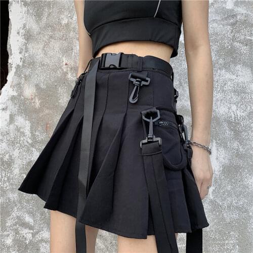 New Dark Black Punk Skirt Female Summer Harajuku Style Ins Half-Length Skirt Tooling Skirt High Waist Pleated Skirt A-line Skirt