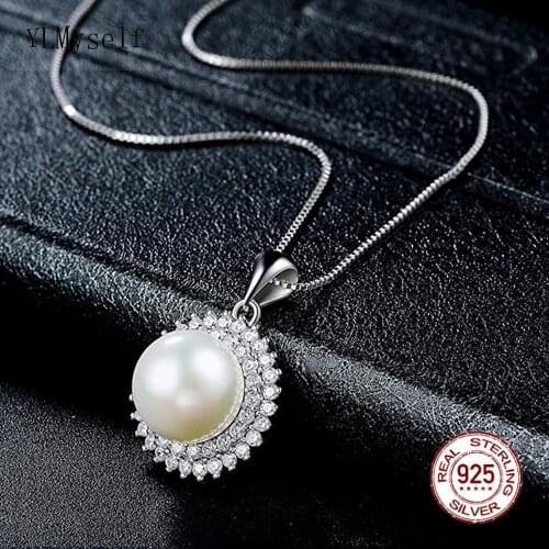Real 925 Sterling Silver Necklace With 6mm Shell Pearl & Stunning Zircon 40/45cm+5cm Chain Anniversary Fine Jewelry