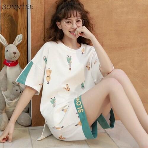 Pajama Sets Women 2XL Summer Soft Kawaii Print Round Neck Lovely Girls Pijamas Short Sleeve Simple Korean Trendy Mujer Homewear