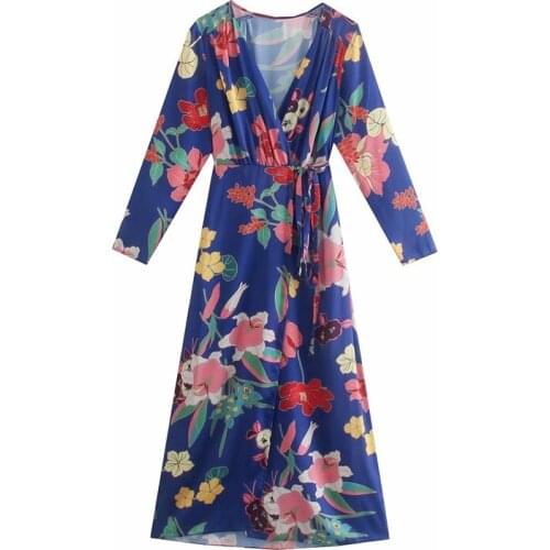 ZXQJ Women 2021 Chic Fashion With Belt Floral Print Midi Dress Vintage V Neck Long Sleeve Female Dresses Vestidos