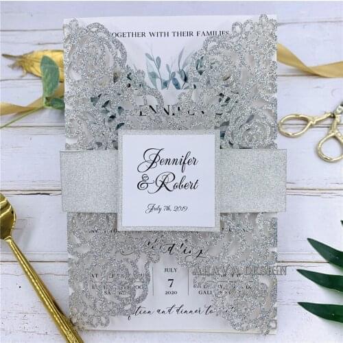 Fancy Glitter Silver Floral Invites for Wedding, Quinceanera And Sweet 16, Customizable Invite With Belly Band & Envelope