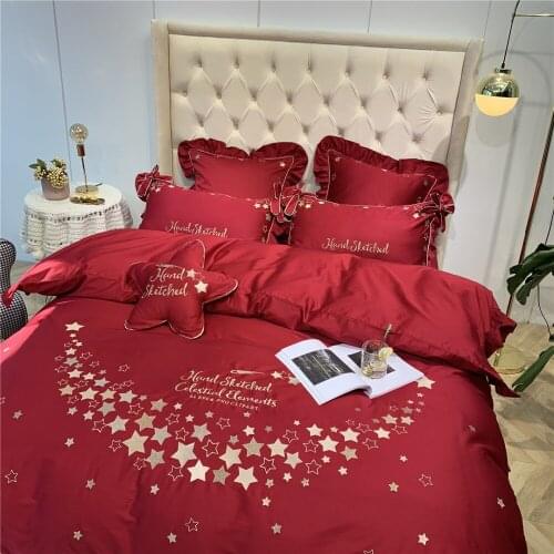 Luxury 80S Egyptian cotton Wedding Bedding sets Queen King Princess Duvet cover Bed sheet set Pillowcases 4/6pc Pink Flounce Red