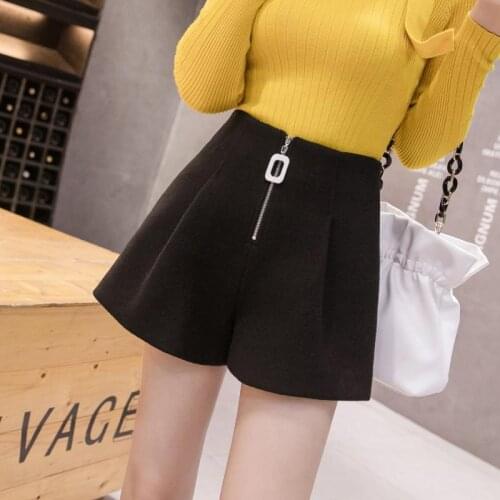 Korean version of zipper woolen shorts womens autumn winter high waist slim A wide-leg pantsplus size loose casual boots pants
