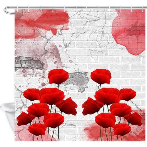 Poppies Composition on a Grunge Urban Wall Polyester Fabric Bath Curtain