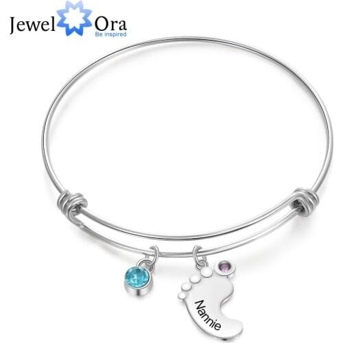 JewelOra Personalized Engraving Name Baby Feet Bracelets & Bangles for Women Customized 2 Birthstones Charm Bracelets Mom Gifts