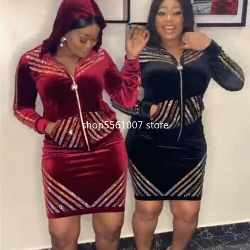 2 Piece Womens Sets Velvet Top And Midi Skirt Autumn Winter Dashiki African Long Sleeve Two Piece Sets Outfit Africa Clothing