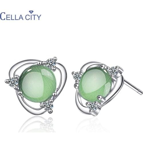 Cellacity Geometry Silver 925 Jewelry Gemstones Earrings for Women White Green Cat Eyes Stone Ear Studs Simple Leisure style Gif