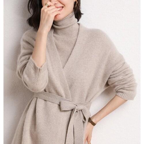Hot Sale Autumn Winter New 100% Cashmere Long Cardigan Sweater Womens Solid Color Loose Thicking Soft Fashion Female Long Sleev