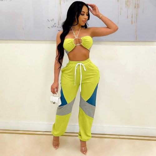Sexy Tight Halter Sleeveless Crop Top+Contrast Color Joggers Pants 2021 Summer Club Party Women Two Piece Set Fashion Tracksuits