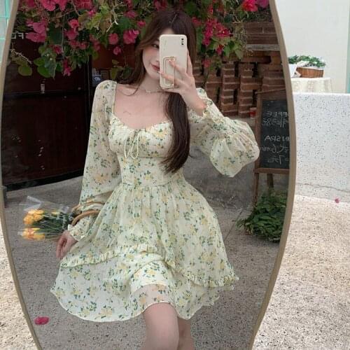 Seaside Holiday Dress 2021 Summer New Chiffon French Vintage Square Neck Puff Pleeve Women Floral Beach Dress
