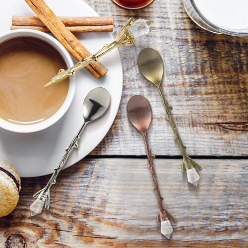 1pc Vintage Coffee Spoon Forest Branch Leaves Cute Teaspoon Crystal Milk Spoon Ice-cream Sugar Cake Spoon Kitchen Accessories