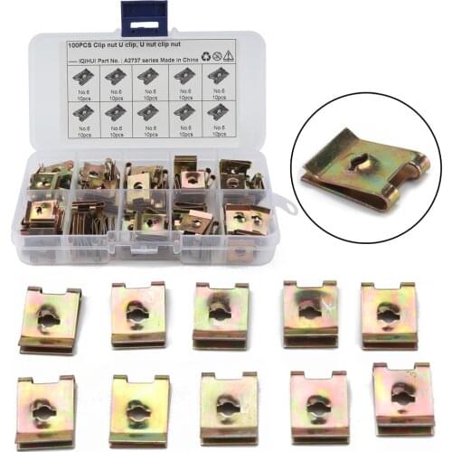 100PCS Color Zinc U-shaped Clip Screw Nut No. 6 Fasteners Clip Automobile Engine Fender Bumper Guard Plate Clamp