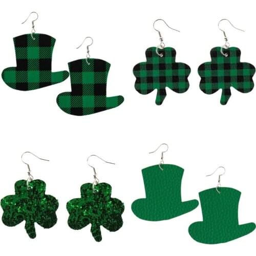 2021 Wholesale St. Patricks Day Leather Earrings St. Patricks Green Section Leather Earrings Four Leaf Earrings