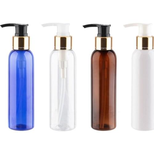 30pcs 150ml Plastic PET Bottles With Gold Aluminum Lotion Pump Transparent White Blue Container For Liquid Soap Shower Gel