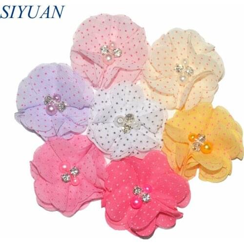 32pcs/lot 2'' Polka Dot Petite Ballerina Chiffon Flower With Pearl Rhinestone Center Chic Headwear/Wedding Accessories TH261
