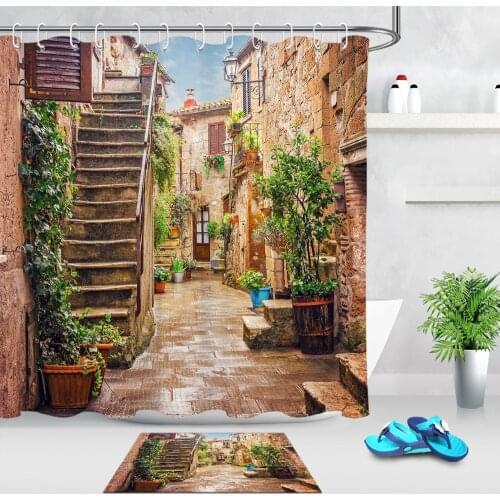 Alley in Old Italy Town European Style Shower Curtains Scenic And Mat Set Bathroom Waterproof Fabric For Nature Bathtub Decor