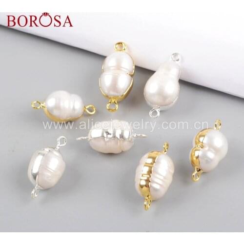 BOROSA 16pcs Natural Pearl Beads Connector White Freshwater Pearl Gold Silver Color Double Charms for Bracelet WX1055