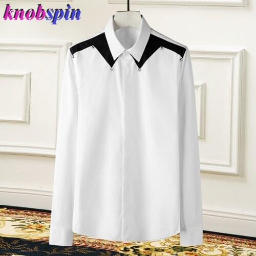 Brand Men Shirt Long-sleeved Patchwork Triangle Five-star Decoration Camisas Fashion Slim Elements popular Male dress shirts 4XL