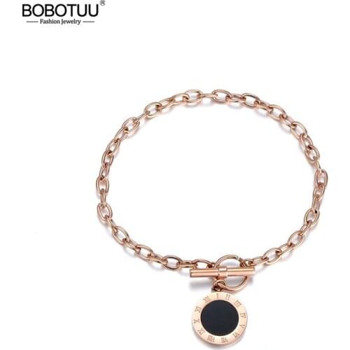 BOBOTUU Classic Roman Numerals Black Shell Chain & Link Bracelets Jewelry Titanium Steel Charms Bracelets For Women BB18005