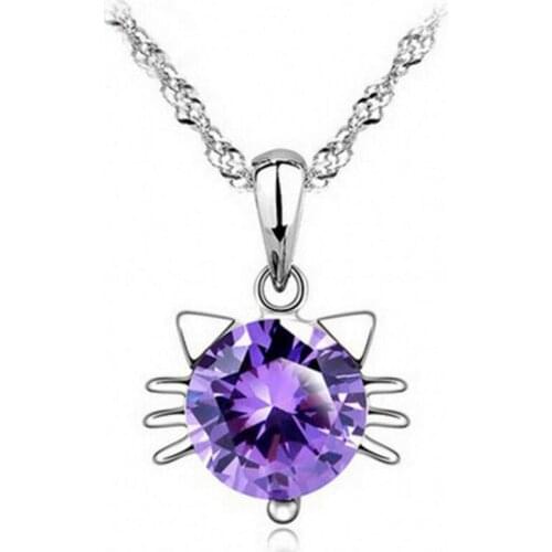 1 piece cat shape hanging pendant necklace setting cubic zirconia water wave chain silver color necklace for women