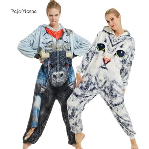 Flannel 3D Cat Women Kigurumi Suit Hooded Animal Pajamas Cartoon Onesies For Adults Couple One-Piece Pijama Funny Onsie Romper