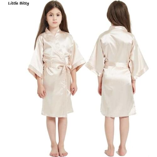 Kimono Baby Girl Bath Robe Champagne Kids Silk Pajamas Children Sleepwear Nightgown Wedding Dress Party Spa Bathrobe for Girl