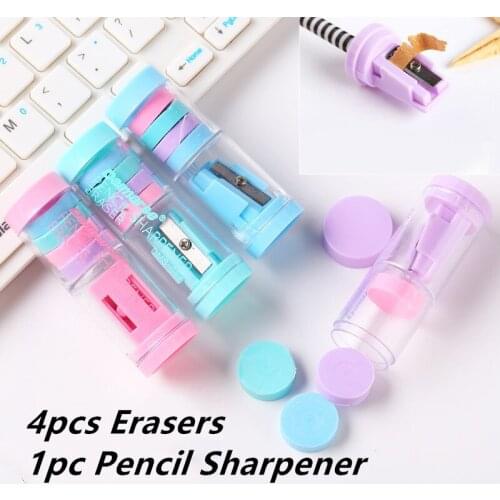 Mini Pencil Sharpener and 4pcs Erasers Creative Stationery Environmental Pencil Sharpener Style Color Random
