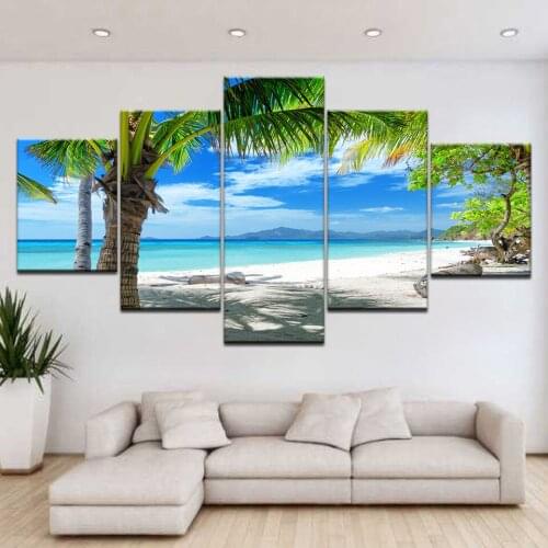 Painting Modern Home Decor Canvas Poster Living Room Modular Frame 5 Panel Beach Coconut Trees Seascape Wall Art Pictures