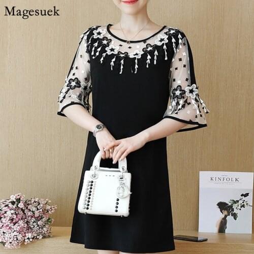 Lace Floral Chiffon Dress Women 2021 Elegant Black Summer Female Dress Casual Short Sleeve Plus Size Ladies Dresses Vestido 2724