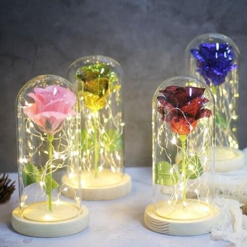 Hot Beauty And Beast Rose In Flask Led Rose Flower Light Black Base Glass Dome Best For Mothers Day Valentines Day Gift