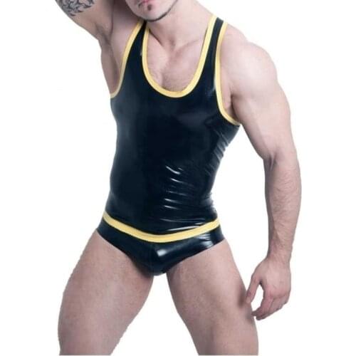 I-shape design mens 100% handmade black latex tanks with yellow trims decorations(exclude briefs)