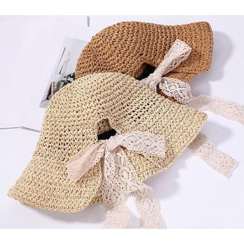 Fashion Women Straw Weave Lace Tie Wide Visor Sun Protection Hat Beach Sunhat