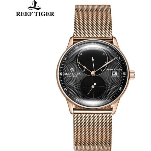 Reef Tiger RGA82B0 Men Steel Band Business Ultra Thin Dual Windows Dial Automatic Self-Wind Mechanical Wrist Watch