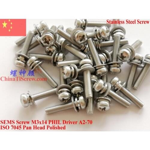 Stainless Steel SEMS screws M3x14 Pan Head 1# Phillips Driver Polished ROHS 100 pcs