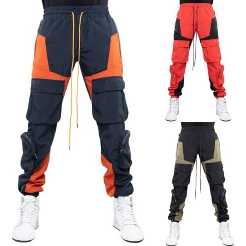 2021 European American New Multi-Pocket Overalls Pants Mens Stitching Color Matching Beam Mouth Jogging Sports Casual Trousers