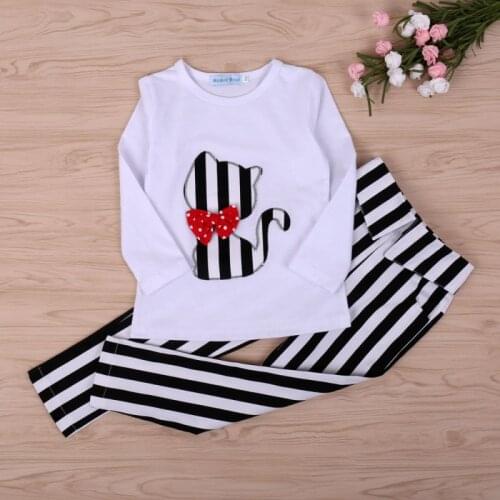 Autumn Baby Girl Clothes Cartoon Cat Long-Sleeve Girls T-Shirt + Stripe Pants Legging Suit Girls Clothing Set Children Clothing