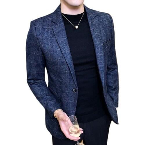 Vintage Plaid Blazer British Stylish Male Blazer Suit Jacket Business Casual One Button Blazer for Men Regular Abrigo Hombre