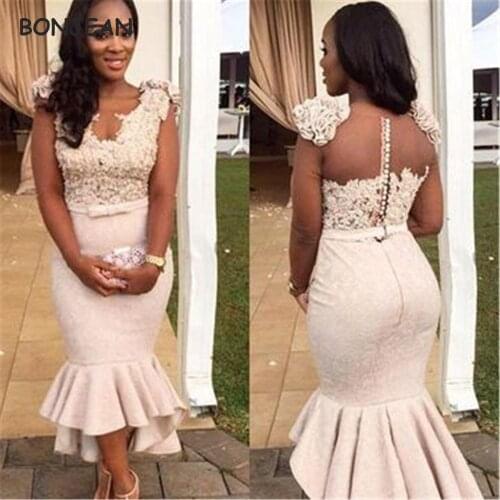 Black Girl Mermaid Bridesmaid Dresses V-Neck Appliques Flowers African Tea Length Bridesmaid Dress for Wedding Party Gowns