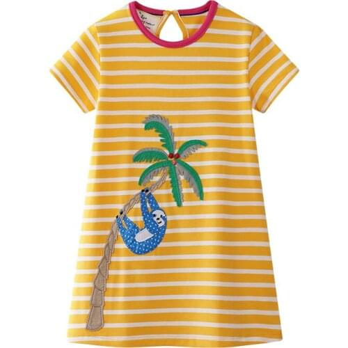 Girls O-neck Short Sleeve Casual Fashion Stripes Climb Tree Bear Print Summer A-line Dresses 100% Cotton Red Streetwear Dresses