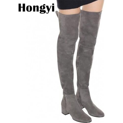 Fashion Low Heeled Block Heel Suede Leather Women Over The Kness Boots Winter Autumn Winter Sexy Party Bottes Plus size 43