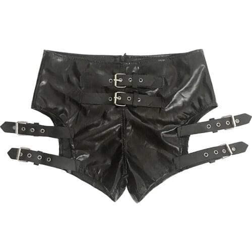 Womens Femme Fashion Shorts Pole Shiny Metallic Raves Shorts Patent Leather Strappy Booty Shorts Ladies Party Clubwear Costumes