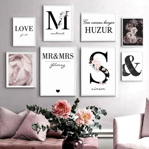 Modern Pink Floral Initial Custom Name Abstract Canvas Painting Wall Art Poster Print Pictures for Living Room Home Decoration
