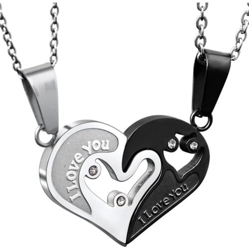 Modyle Blue Black Gold Color Stainless Steel Mens Womens Couple Necklace Pendant Love Heart CZ Wedding Jewelry