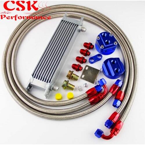 10 Row 248mm AN8 Universal Engine Transmission Oil Cooler British Type + Filter Adapter Kit Black/Blue
